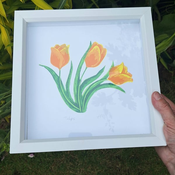An original handprinted linoprint of a colourful tulips. 'Tulips.' 