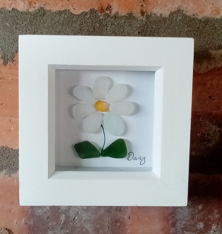 Daisy flower sea glass framed picture, Scottish seaglass beach art