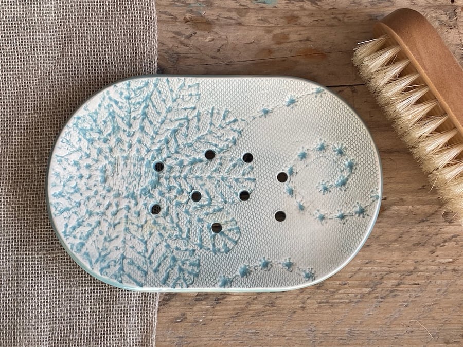 Soap Dish Handmade Ceramic with Green Crochet Design