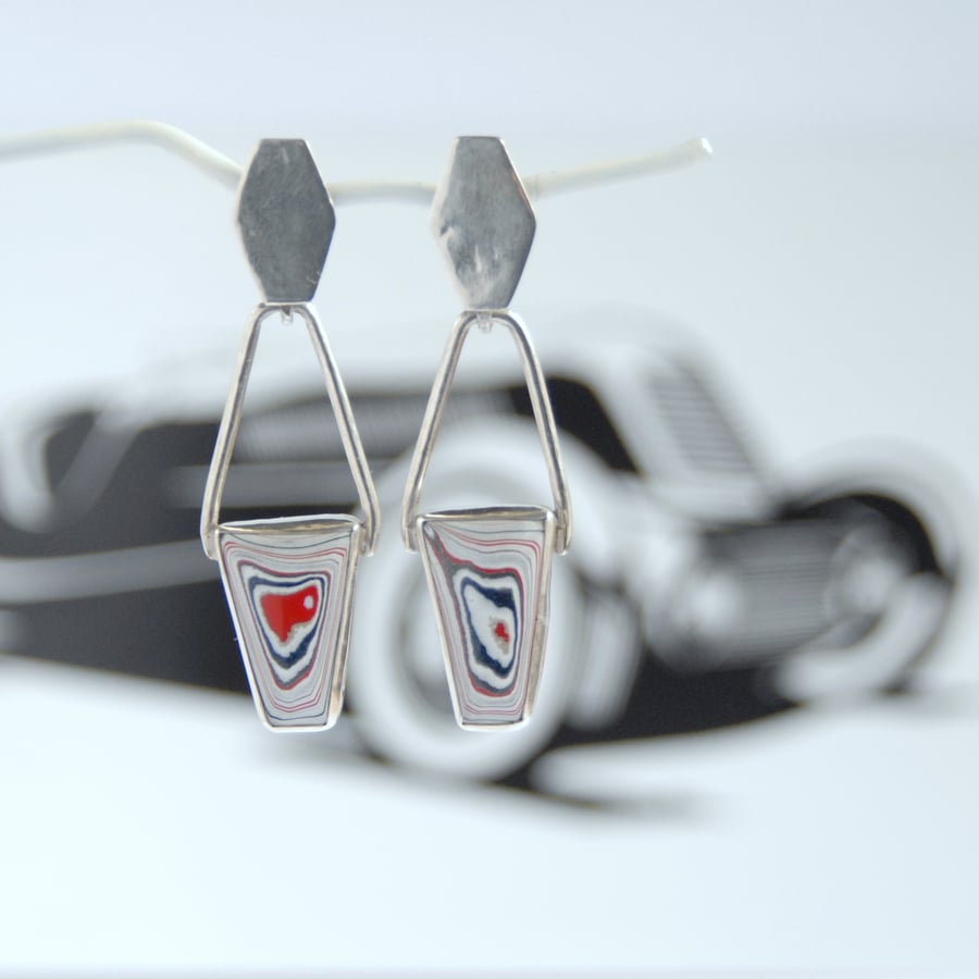 Statement sterling silver and fordite earrings