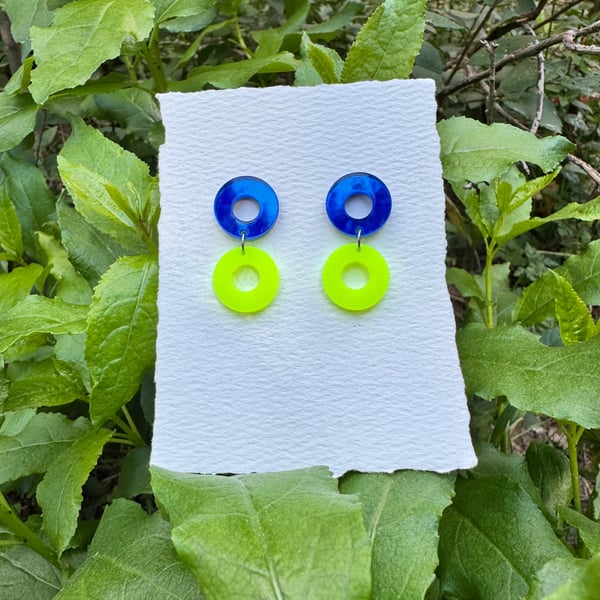Double Blue and Neon Hoop Earrings