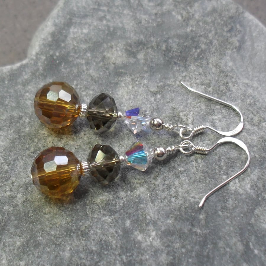 Gold Brown and Clear Crystal Sterling Silver Dangle Drop Earrings