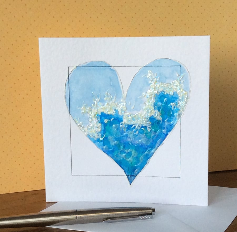 Seascape hand painted heart art card. 