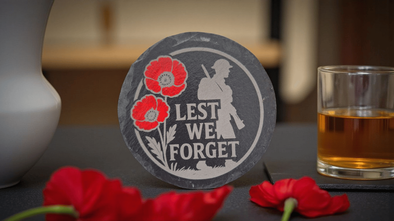 Lest We Forget Slate Coaster – Remembrance Poppy Design – Round Slate Drink Coas