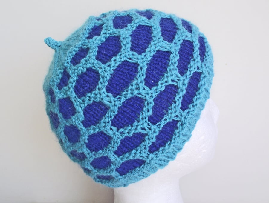 Hat, Cap, Beanie or Toque, Knitted, Handspun, Turquoise, Royal Blue, Soft Merino