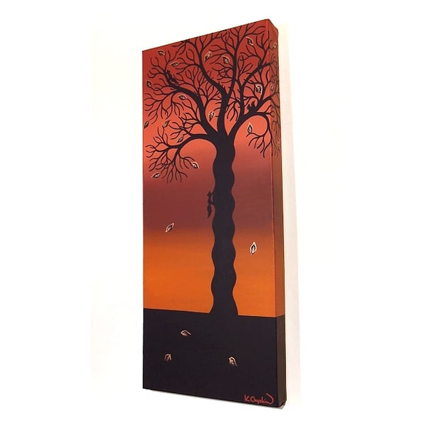 Autumn Tree Canvas Art - original painting of tree silhouette with squirrels