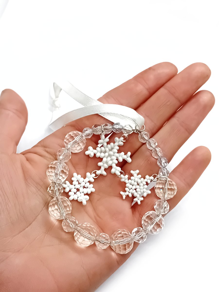 White crystal bead snowflake hanging decoration