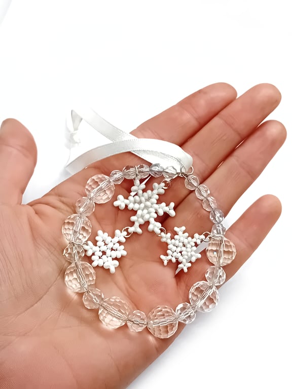 White crystal bead snowflake hanging decoration