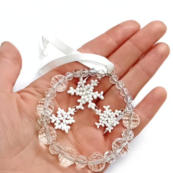 White crystal bead snowflake hanging decoration