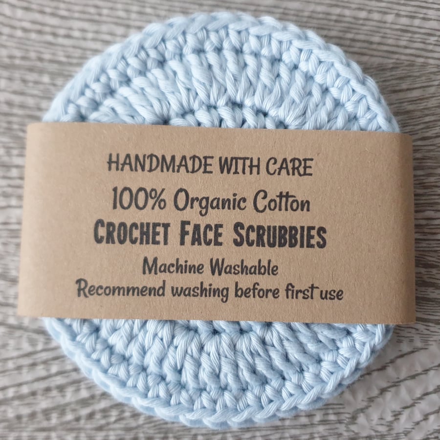100% Organic Cotton Blue Crocheted Handmade Face Scrubbies, Pack of 3, Reusable