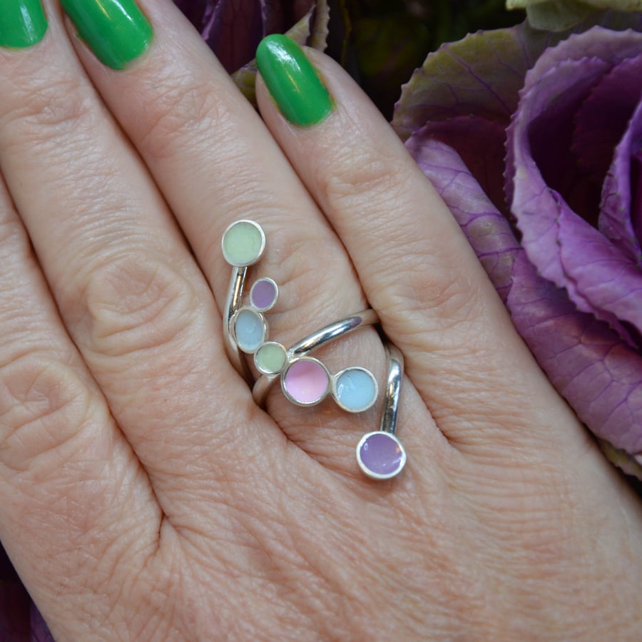 Sterling silver & pastel enamel adjustable wrap ring