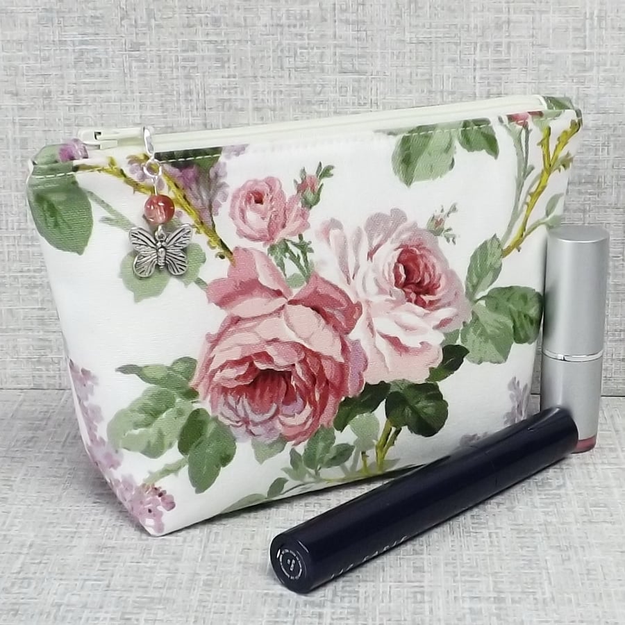 Make up bag, zipped pouch, cosmetic bag, roses