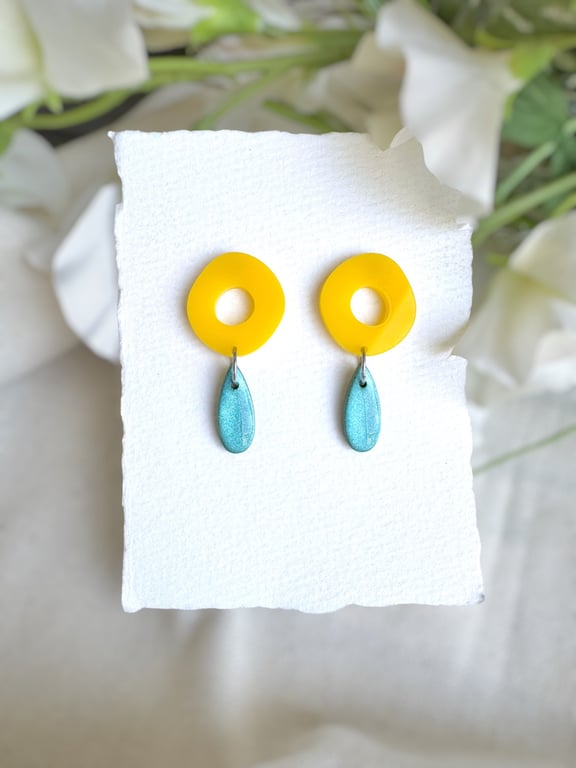 Yellow Acrylic and Shimmering Teal Polymer Clay Teardrop Dangle Earrings