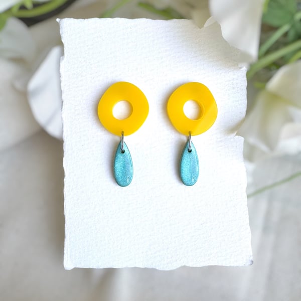 Yellow Acrylic and Shimmering Teal Polymer Clay Teardrop Dangle Earrings