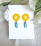 Yellow Acrylic and Shimmering Teal Polymer Clay Teardrop Dangle Earrings