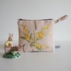 Vintage embroidery purse or make up bag with Mimosa flowers design.