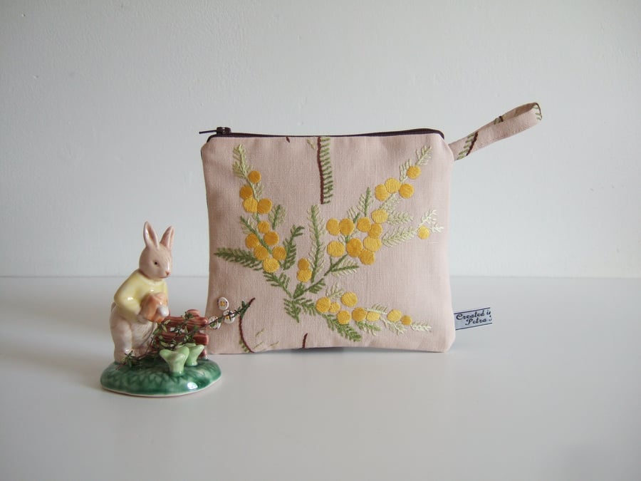 Vintage embroidery purse or make up bag with Mimosa flowers design.