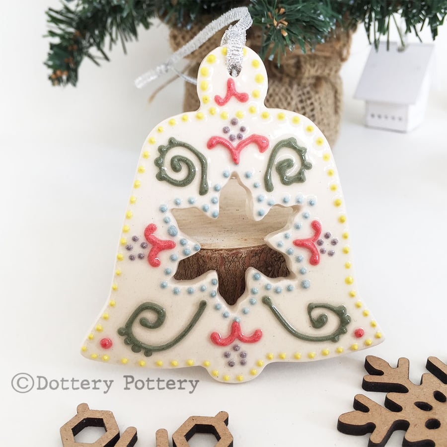 Ceramic folk art bell Christmas decoration Pottery bird primitive art