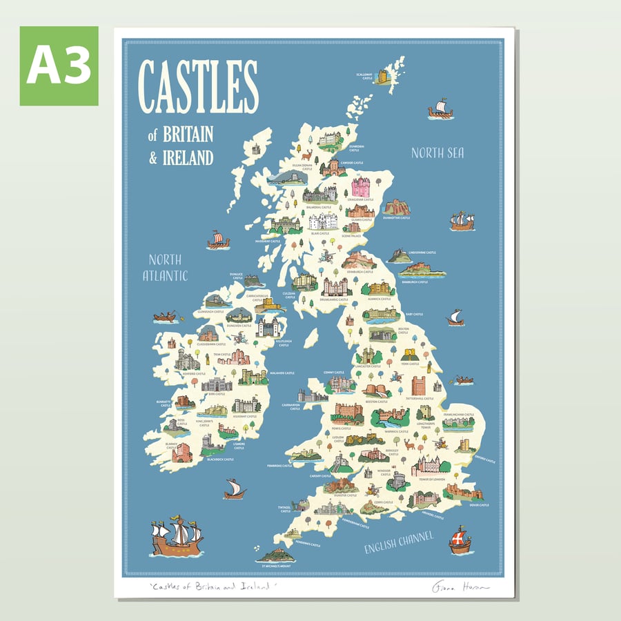 Castles of Britain and Ireland map poster A3