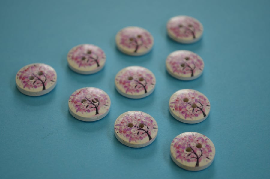 15mm Wooden Tree Blossom Buttons Lilac White 10pk Leaves (ST7)