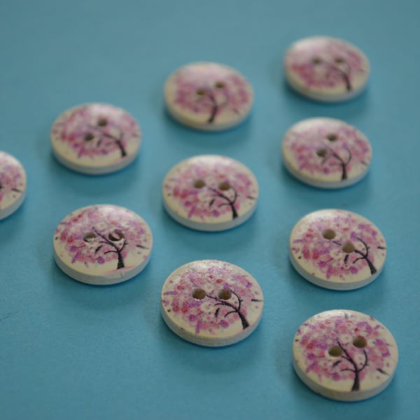 15mm Wooden Tree Blossom Buttons Lilac White 10pk Leaves (ST7)