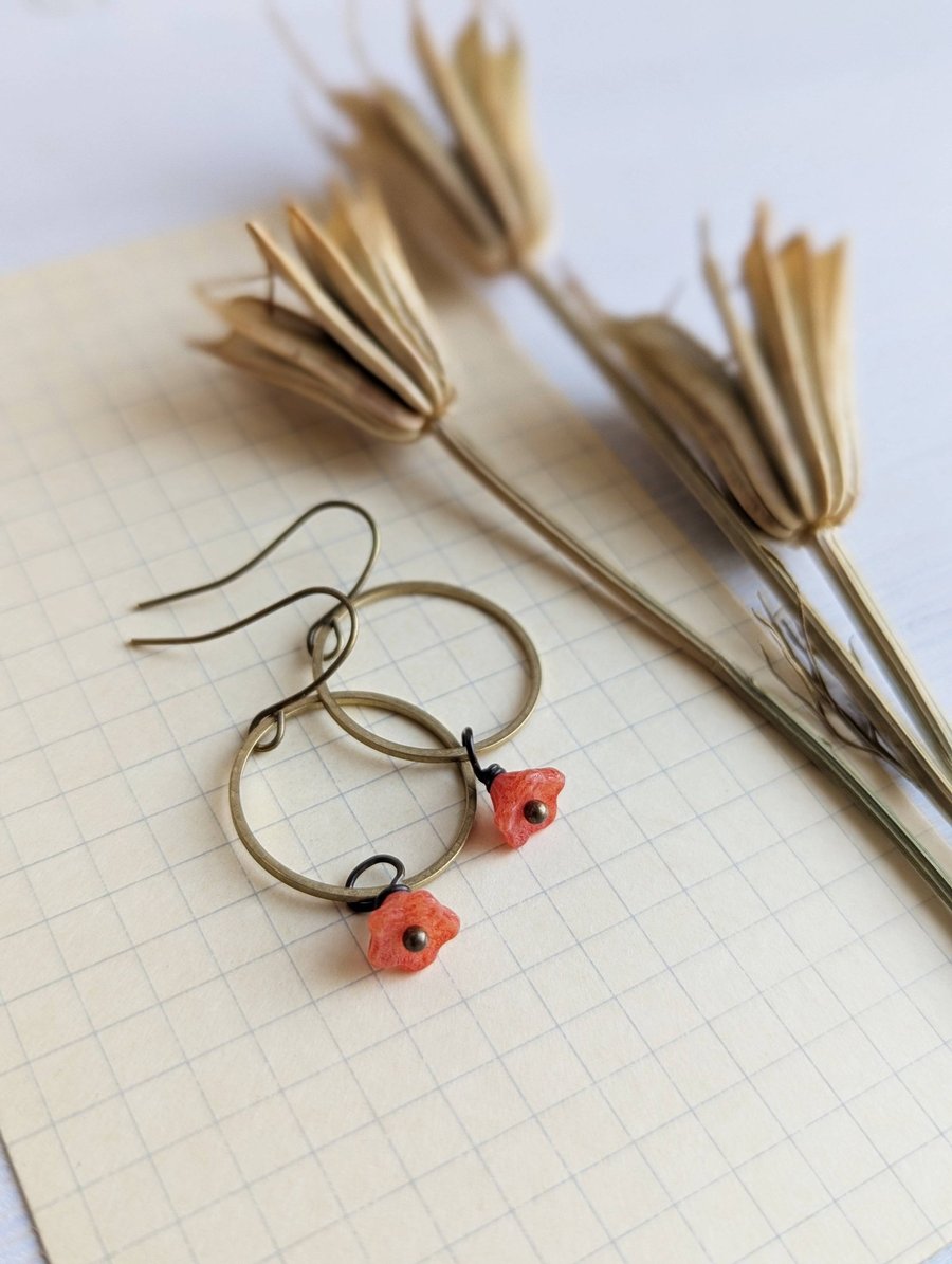 Golden Hoops with Coral Flowers - drop earrings - glass beads and brass - Summer