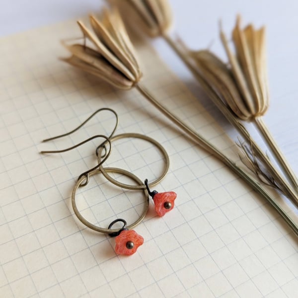 Golden Hoops with Coral Flowers - drop earrings - glass beads and brass - Summer