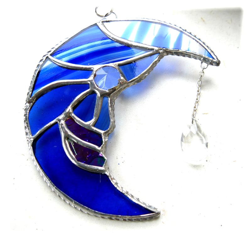 Moon Star Stained Glass Suncatcher Blue