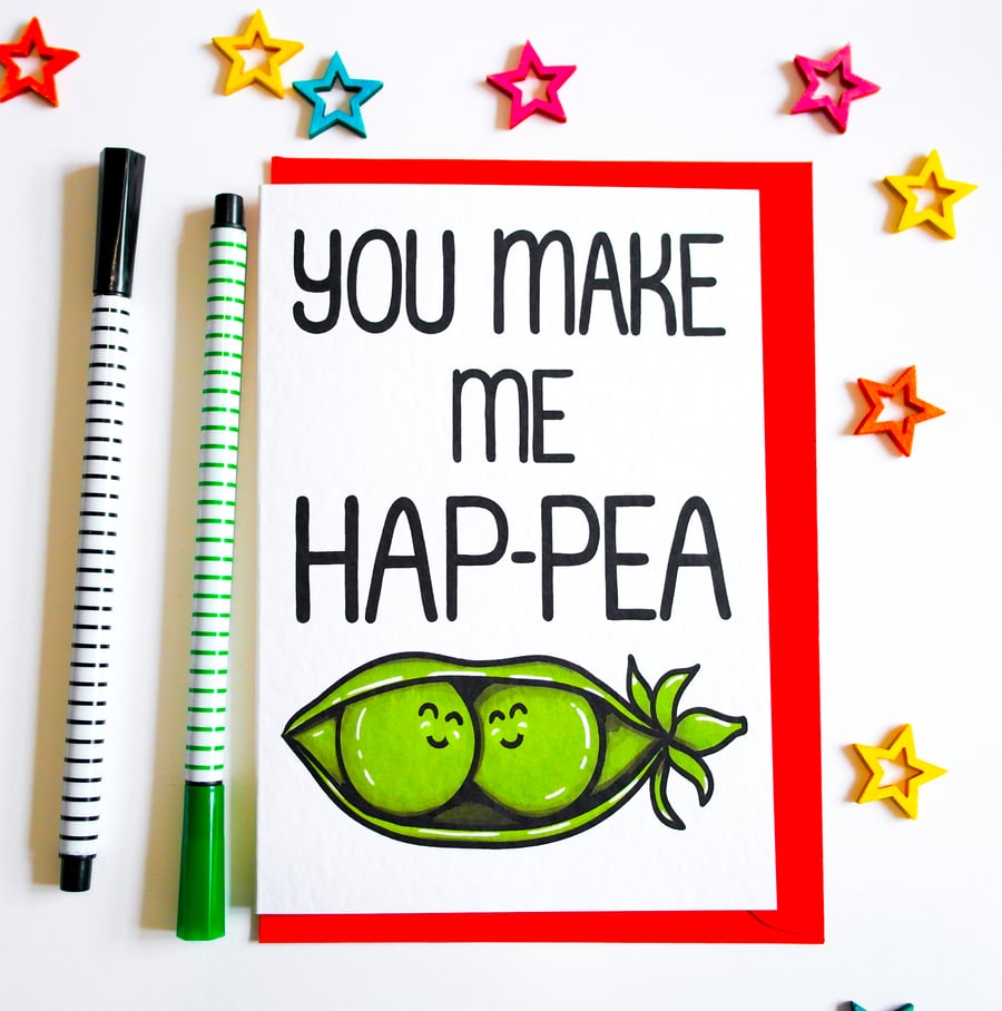 You Make Me Happy HAP-PEA, Funny Cute Pea Food Anniversary Card, Birthday Card