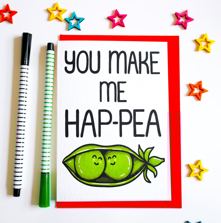 You Make Me Happy HAP-PEA, Funny Cute Pea Food Anniversary Card, Birthday Card