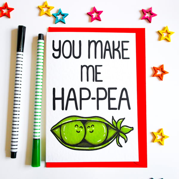 You Make Me Happy HAP-PEA, Funny Cute Pea Food Anniversary Card, Birthday Card