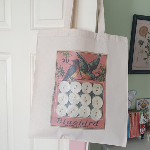 Cotton Tote with Vintage Button Card Illustration