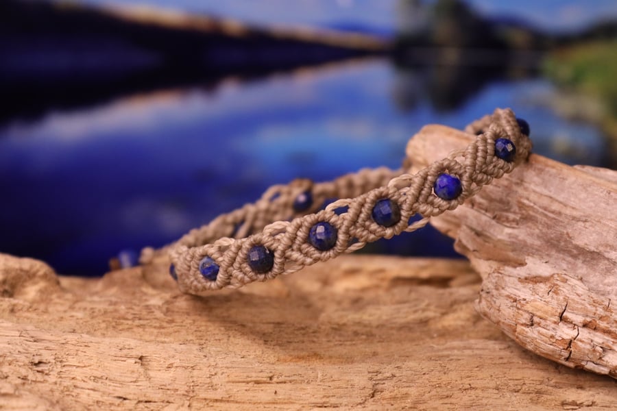 Adjustable macrame bracelet with natural stones Lapis lazuli 