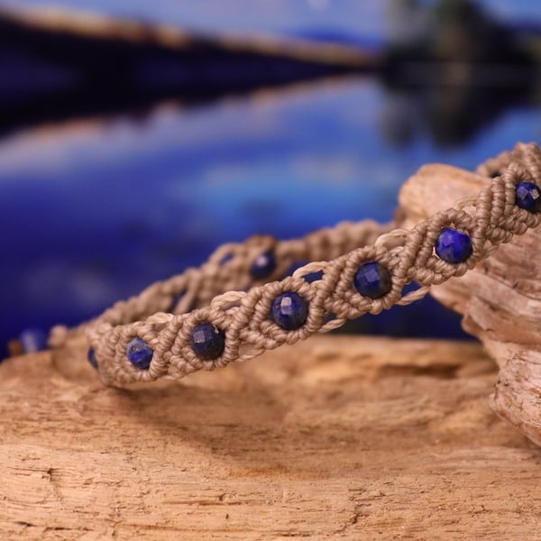 Adjustable macrame bracelet with natural stones Lapis lazuli 