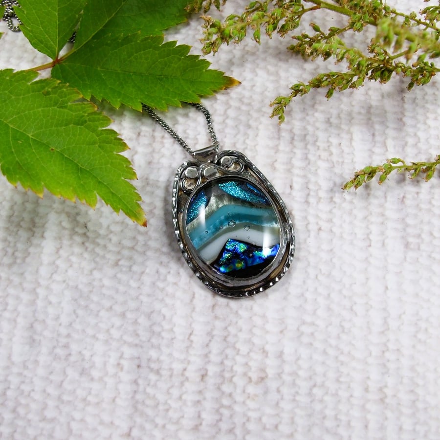 Waves Necklace, Sterling Silver and Dichroic Glass Artisan Pendant 