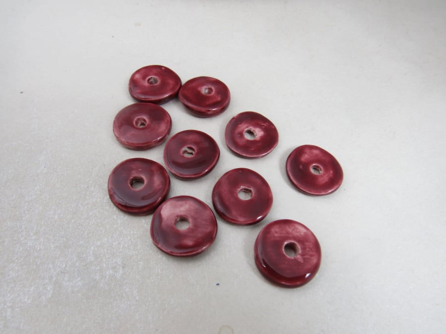10 Medium Rose Red Glazed Ceramic Washer Beads