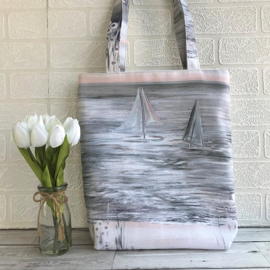 Tote bag with pastel sailing yachts scene