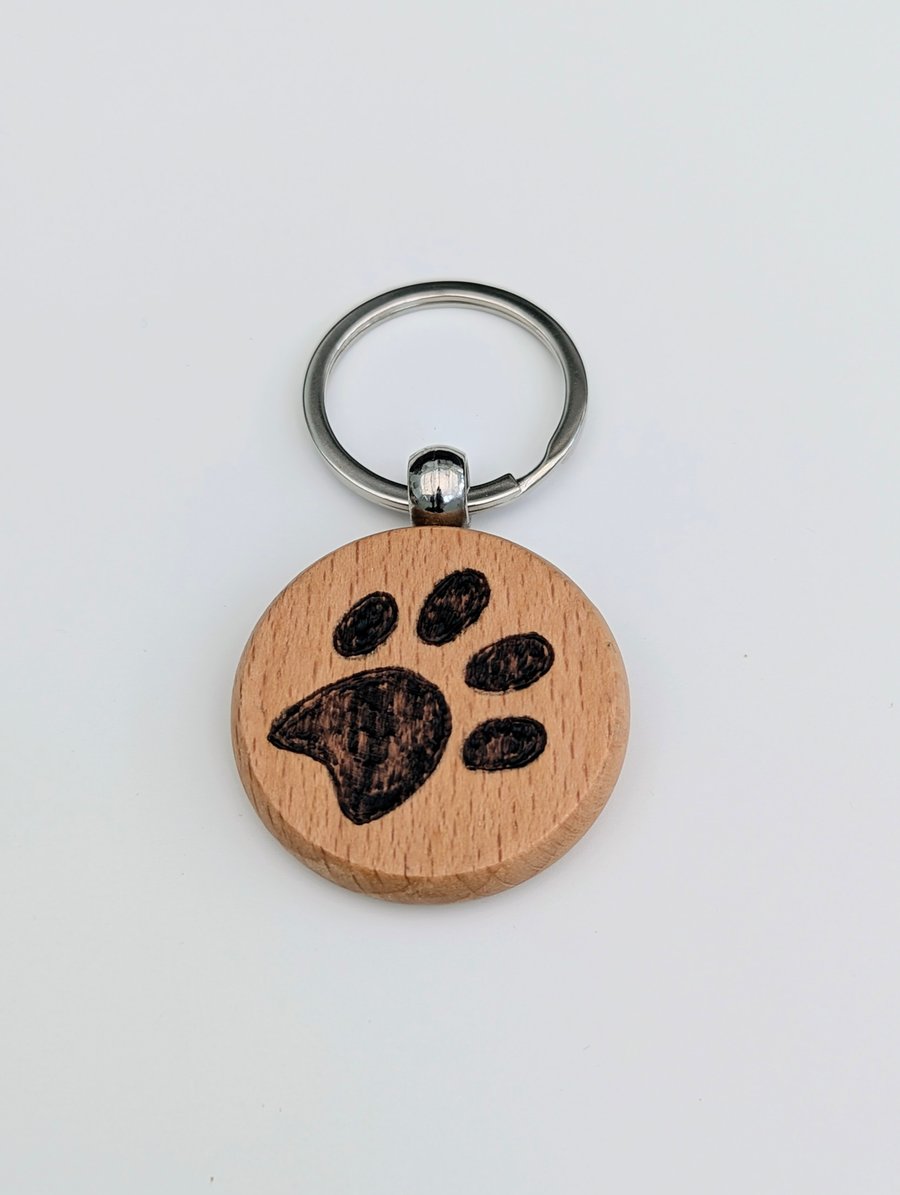 Pyrography paw print wooden keyring, gift for a dog lover 