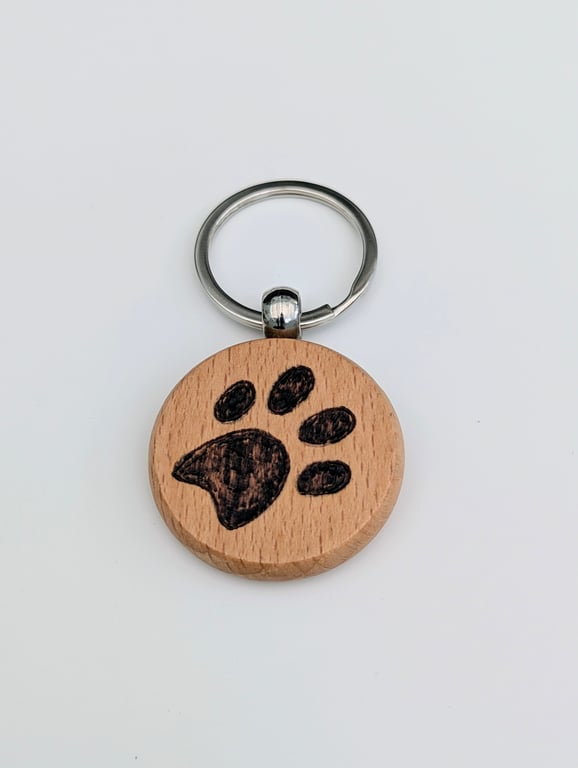 Pyrography paw print wooden keyring, gift for a dog lover 