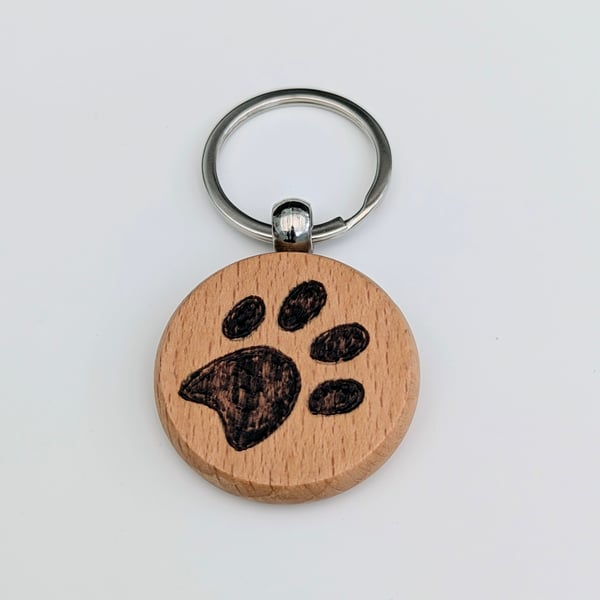 Pyrography paw print wooden keyring, gift for a dog lover 