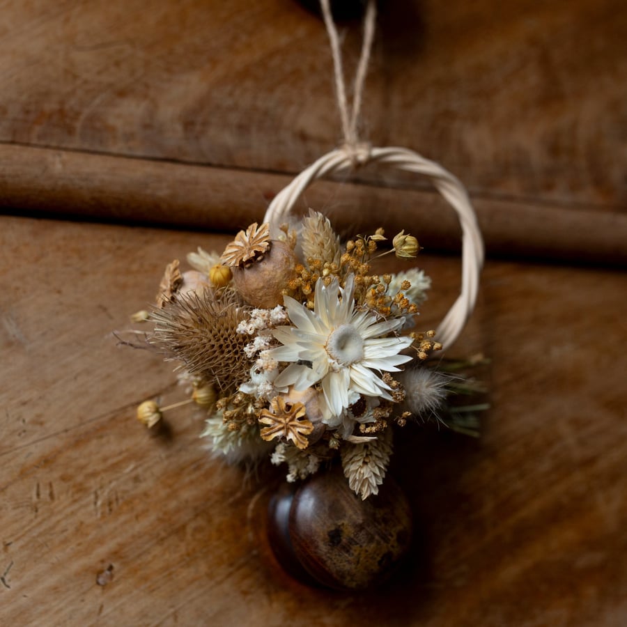 Mini natural golden browns and creamy white dried flower wreath hanging