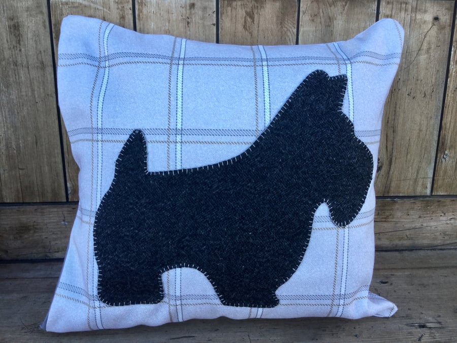 Handmade cushion with a black dog design on grey checked fabric Seconds Sunday