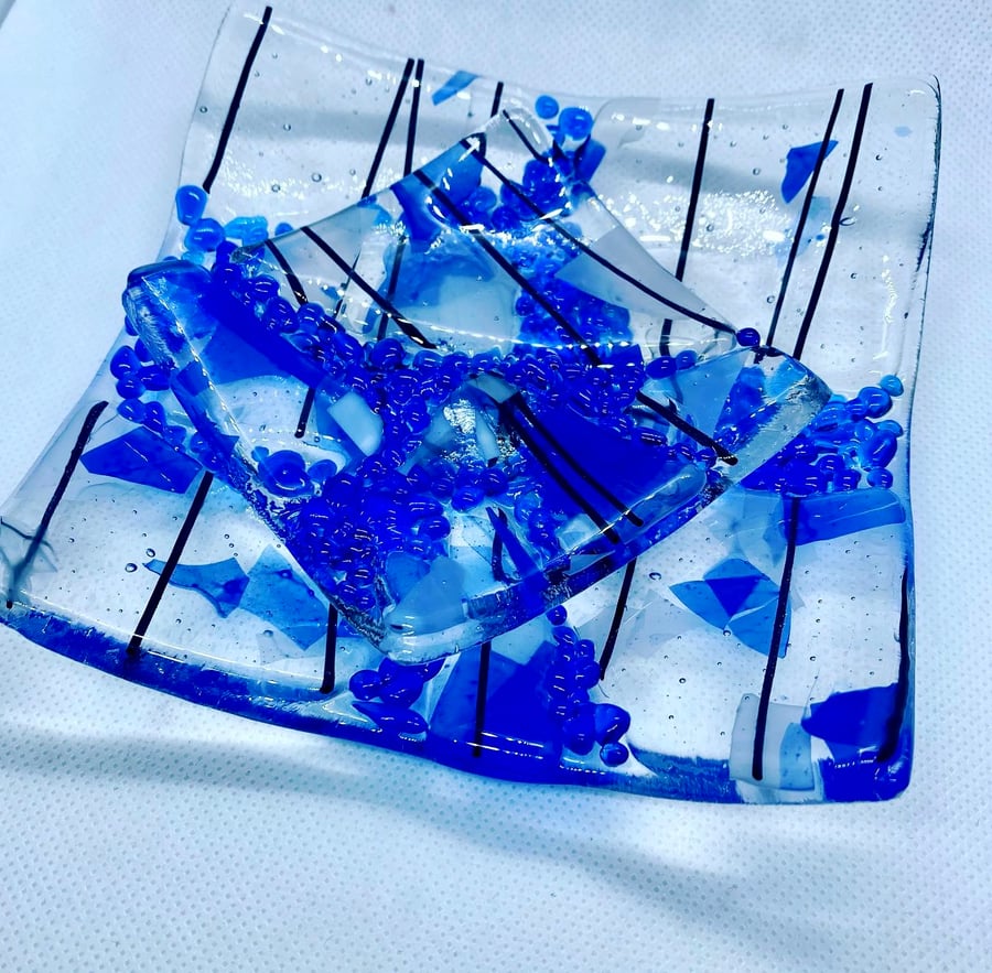 Bright blue collage glass dish