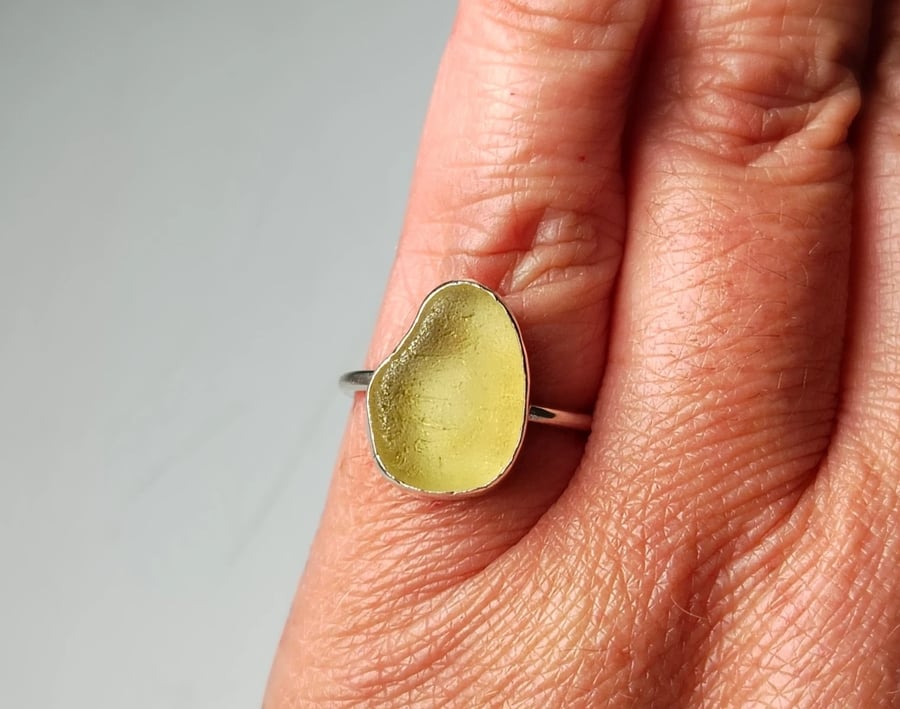 Lemon Yellow Seaglass Ring Recycled Sterling Silver UK Size L