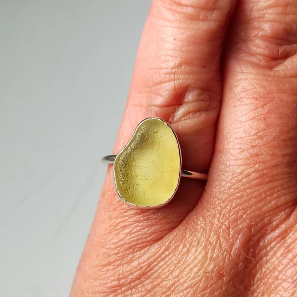 Lemon Yellow Seaglass Ring Recycled Sterling Silver UK Size L