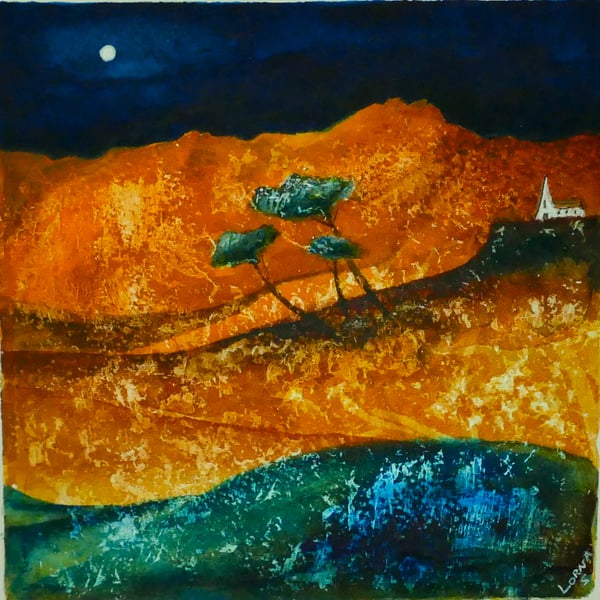 Watercolor Original, Midnight Moon. Landscape Water Colour Painting