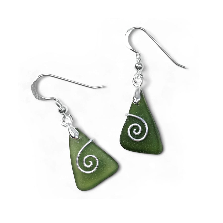 Sea Glass Earrings - Dark Green - Handmade Scottish Silver Wire Celtic Jewellery