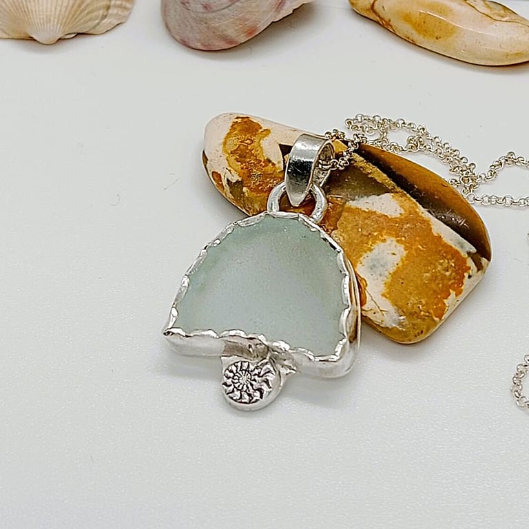 Sea glass necklace with ammonite sterling silver