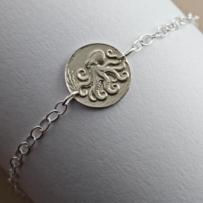 Octopus Engraved Sterling Silver Coin Bracelet