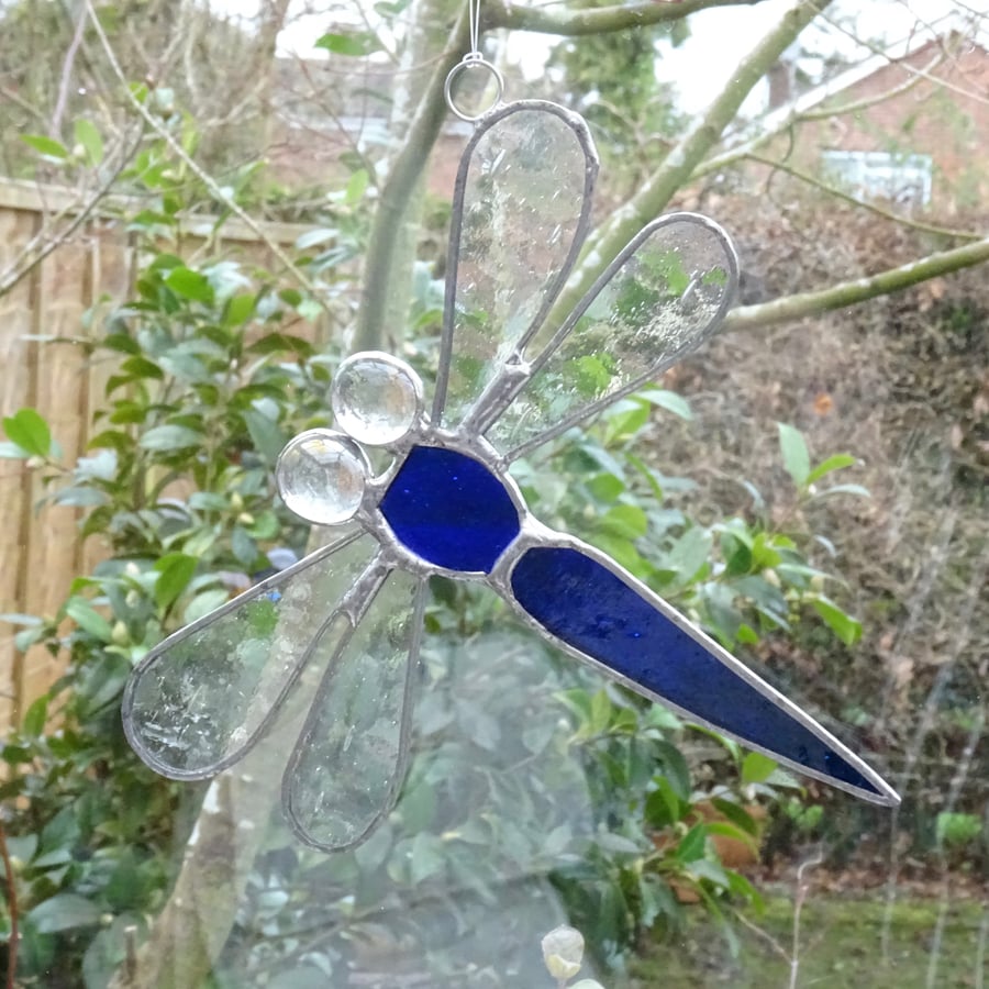 Stained Glass Dragonfly Suncatcher - Blue 